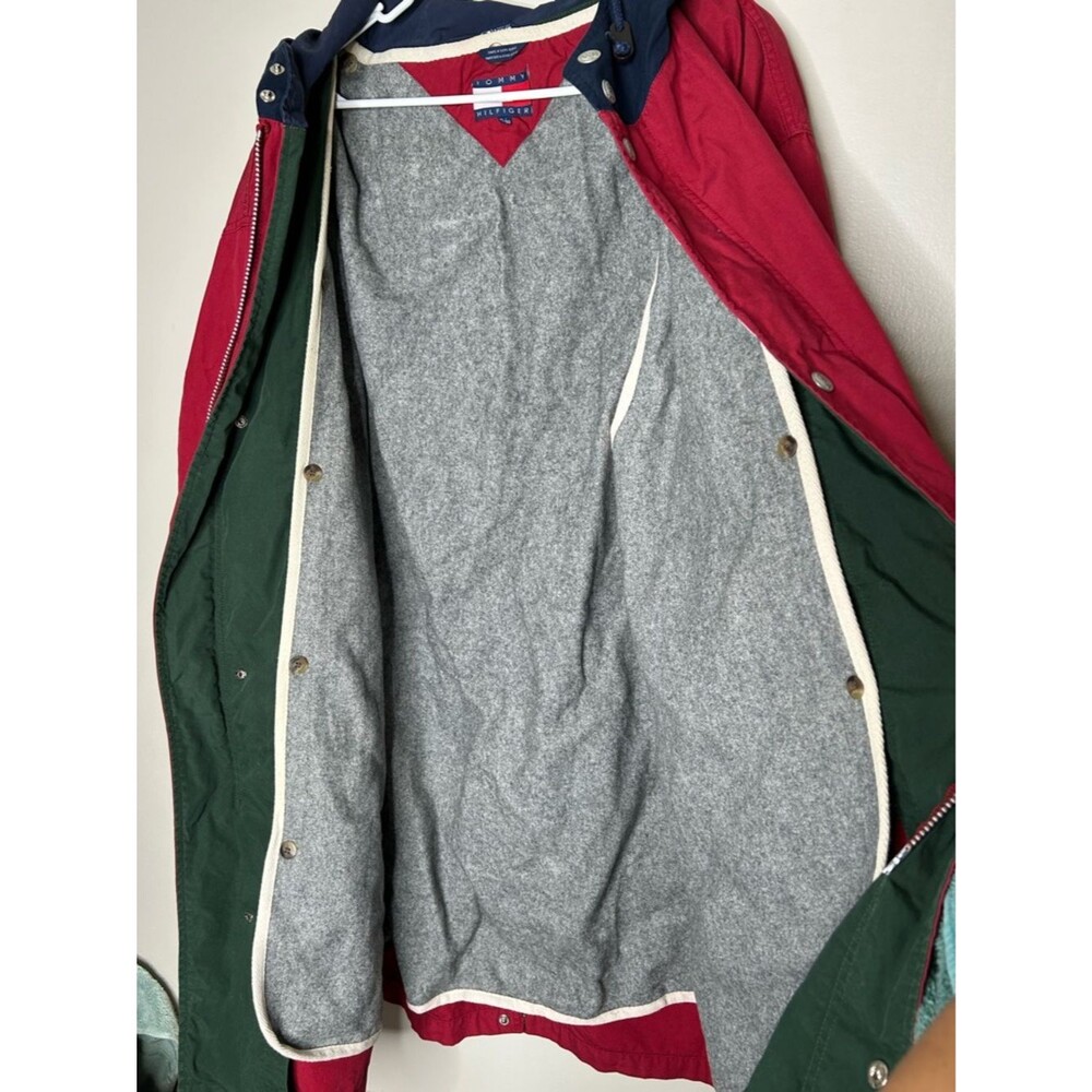 Vintage 90s 1990s Tommy Hilfiger Navy, Red Hooded wool lined rain Jacket XL - Picture 6 of 10